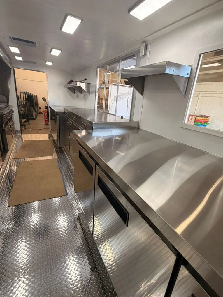 Long stainless prep counter interior