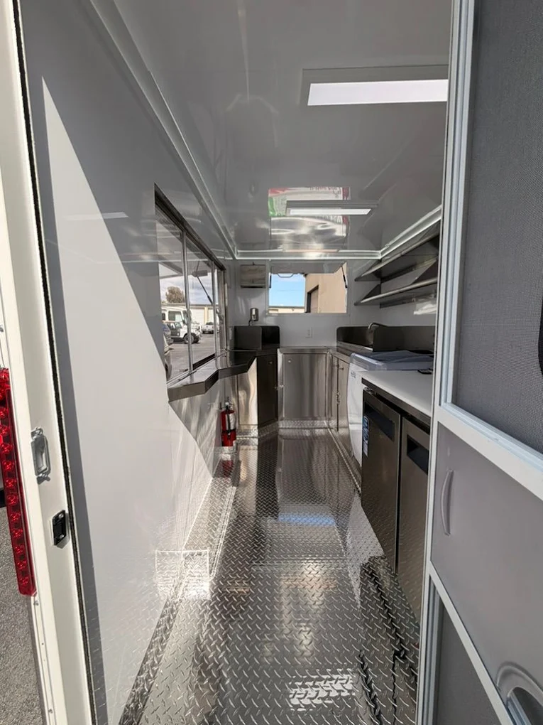 Full-length food truck van interior corridor